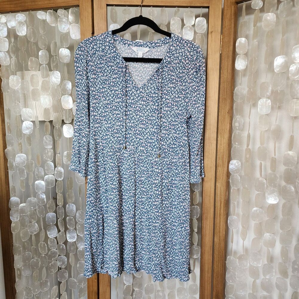 Blue Floral Midi Dress Sz Large Boho Casual Stretch Flowy Cottagecore Peasant